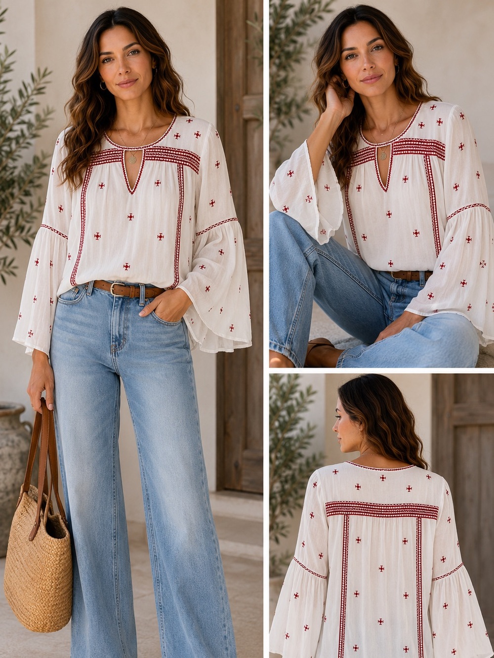 Anthropologie Floreat Adena White Chiffon Red Embroidered Blouse Bell Sleeve